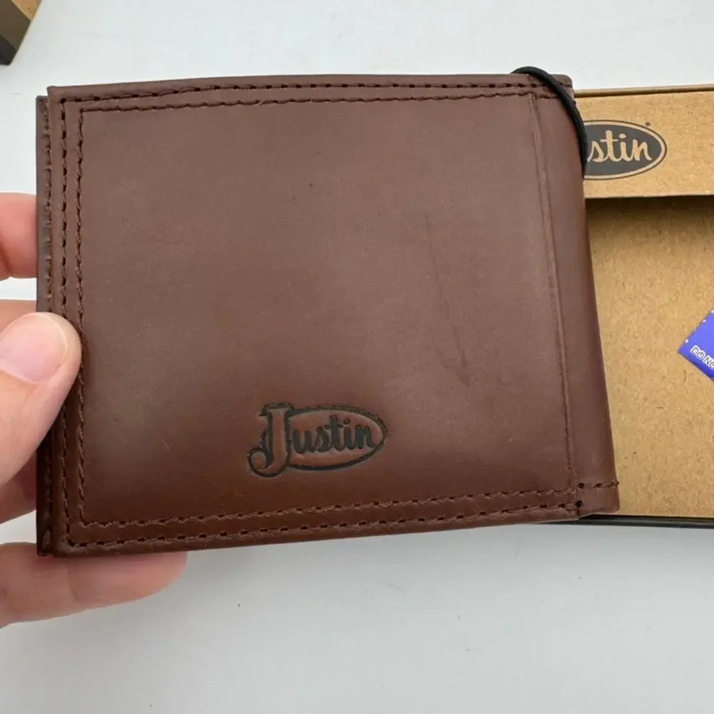 Justin Slim Bifold RFID Wallet Genuine Leather Western Stitch Brown Gift Box NIB